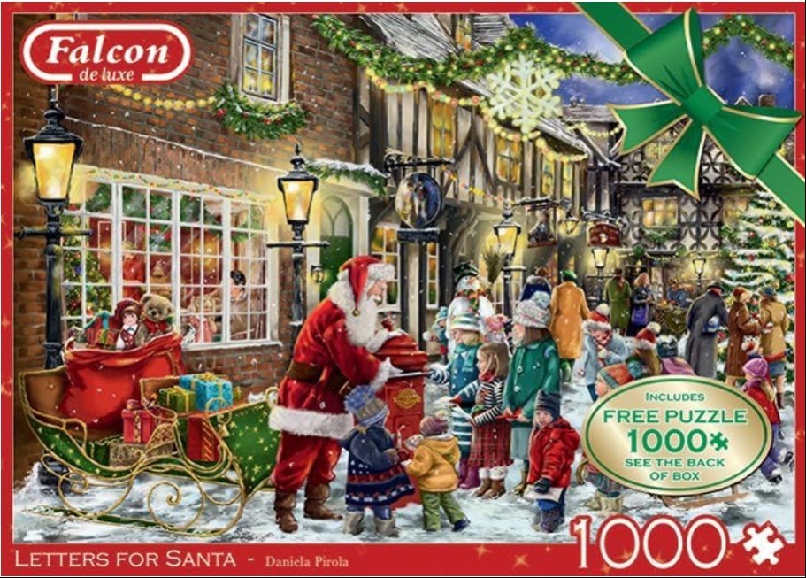 Santa Claus collecting letters from children in a snowy, festive English village street at night.