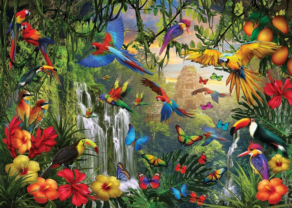 A lush, vibrant jungle scene teeming with exotic birds, butterflies, and tropical flowers surrounding a waterfall.