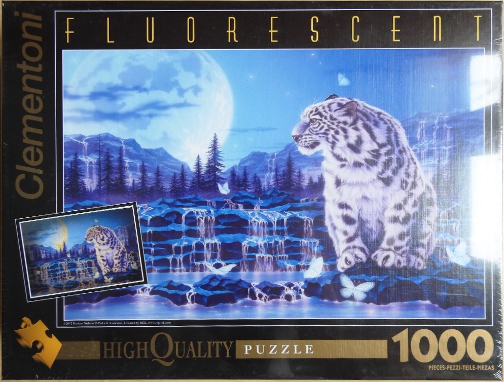 A snow leopard sits in a moonlit landscape with waterfalls and glowing butterflies.