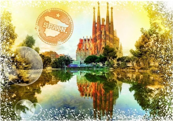 The Sagrada Familia reflecting in a calm pond under a golden light, accented by a Spain map stamp and bubble effects.