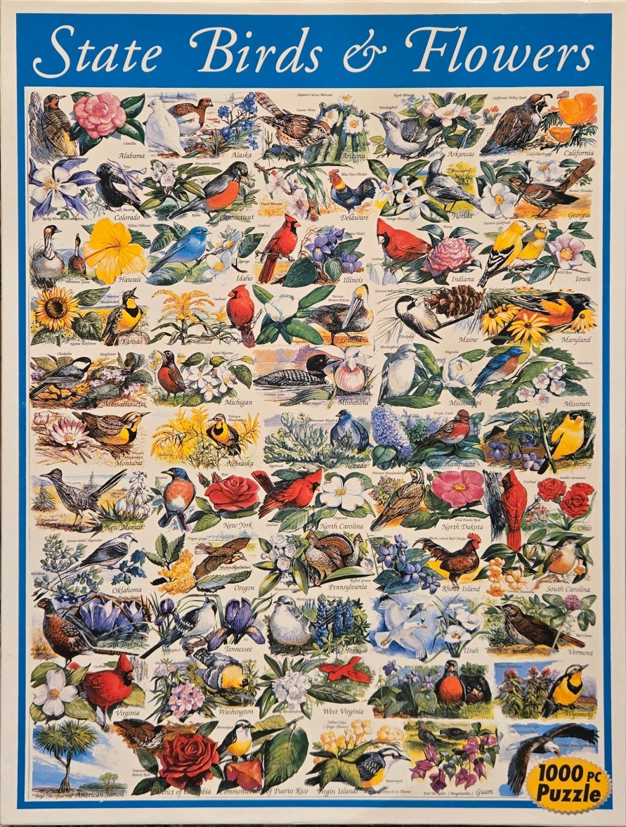 A collage illustration of various US state birds and flowers arranged in a grid-like pattern.