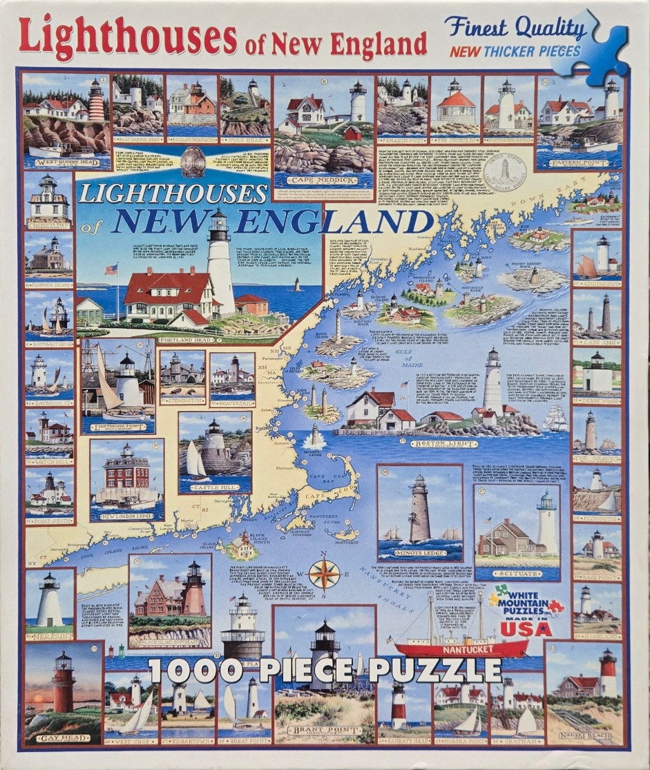 A collage of various lighthouses across New England surrounding a central map of the region.