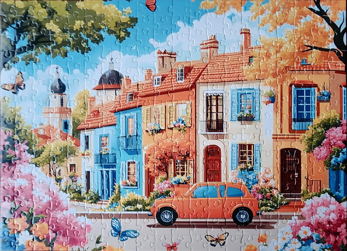 A charming street scene featuring colorful houses, a vintage car, and blooming flowers in a storybook illustration style.
