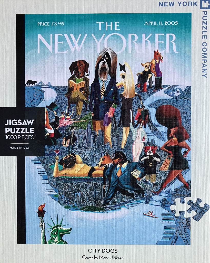 A vibrant magazine cover illustration featuring anthropomorphic dogs roaming across a map of New York City.