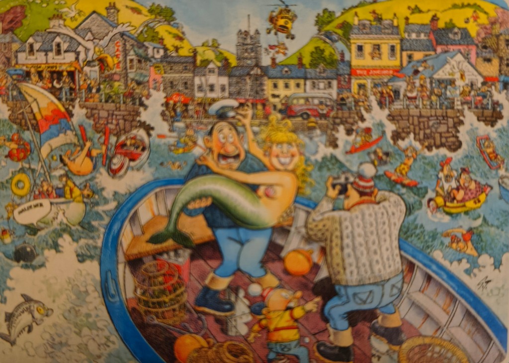 Whimsical coastal scene with a man holding a mermaid, a photographer, and busy harbor activities.