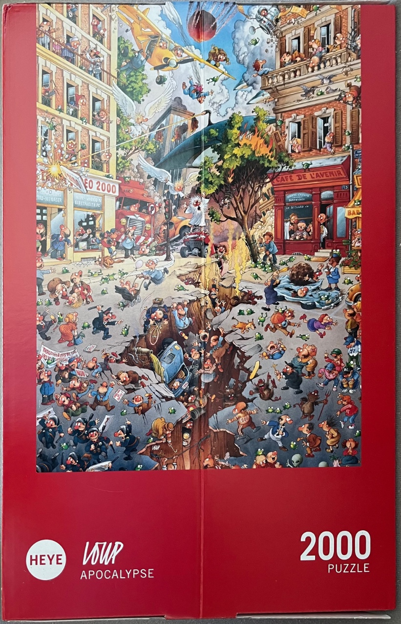 A busy cartoon illustration of an urban apocalypse with chaotic city scenes and diverse characters.