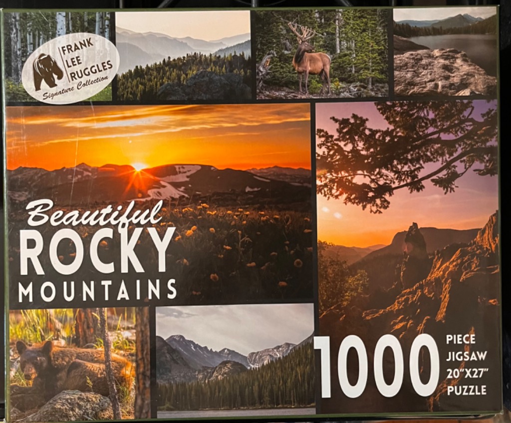 A collage of scenic nature photographs featuring the Rocky Mountains, a bull elk, a black bear, and sunset views.