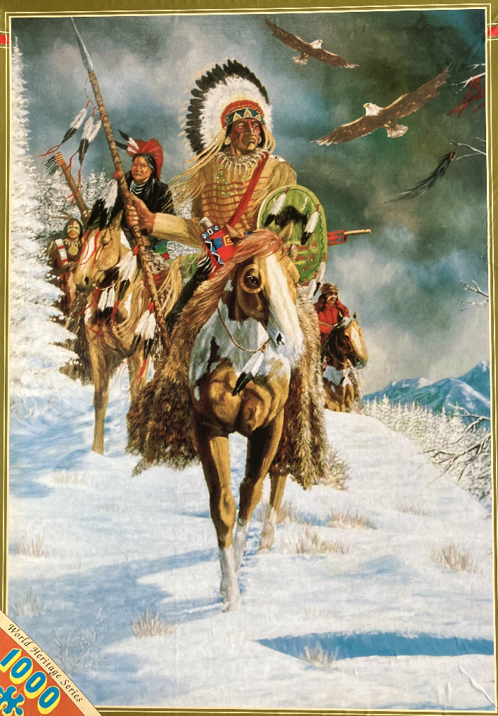 A group of Native American riders on horseback traveling through a snowy mountain landscape with eagles in the sky.