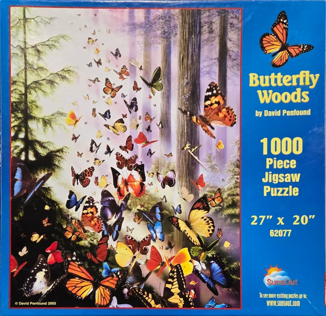 A swarm of colorful butterflies in a misty forest scene.