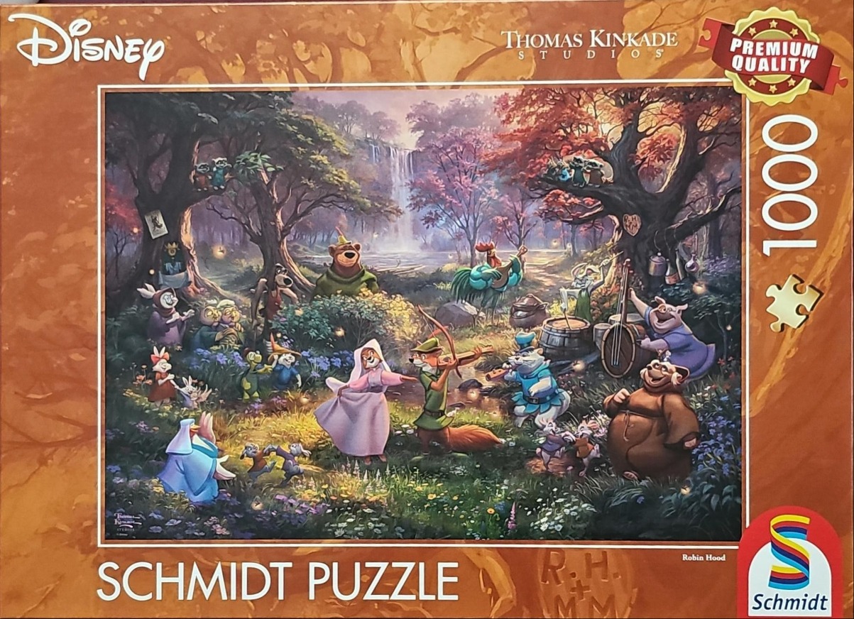 A whimsical forest clearing scene featuring Robin Hood characters dancing and playing music by a waterfall.