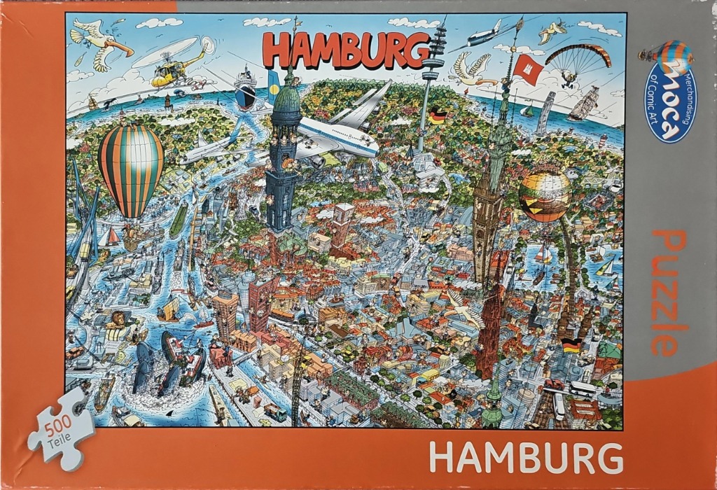 Comic-style cartoon illustration of the city of Hamburg with landmarks and various flying vehicles.