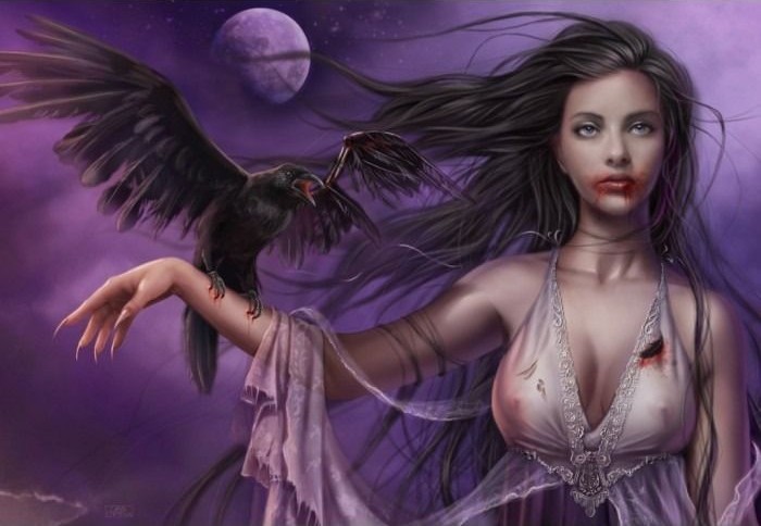 A gothic woman with long dark hair holds a large black raven against a backdrop of a purple night sky and a full moon.