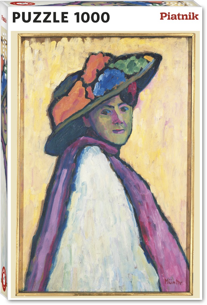 Expressionist portrait of a woman in a wide-brimmed hat with colorful floral accents, by Gabriele Münter.