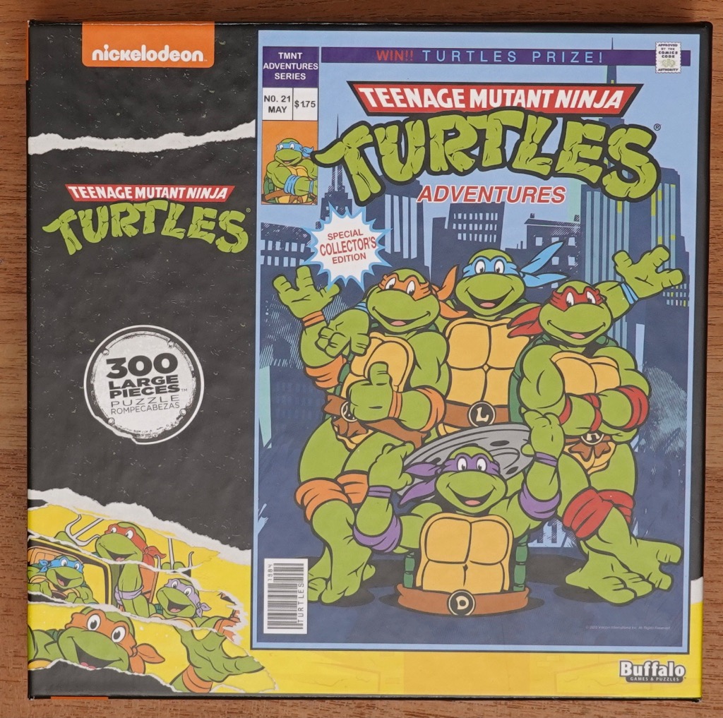 Comic book cover art featuring the four Teenage Mutant Ninja Turtles standing in front of a city skyline.
