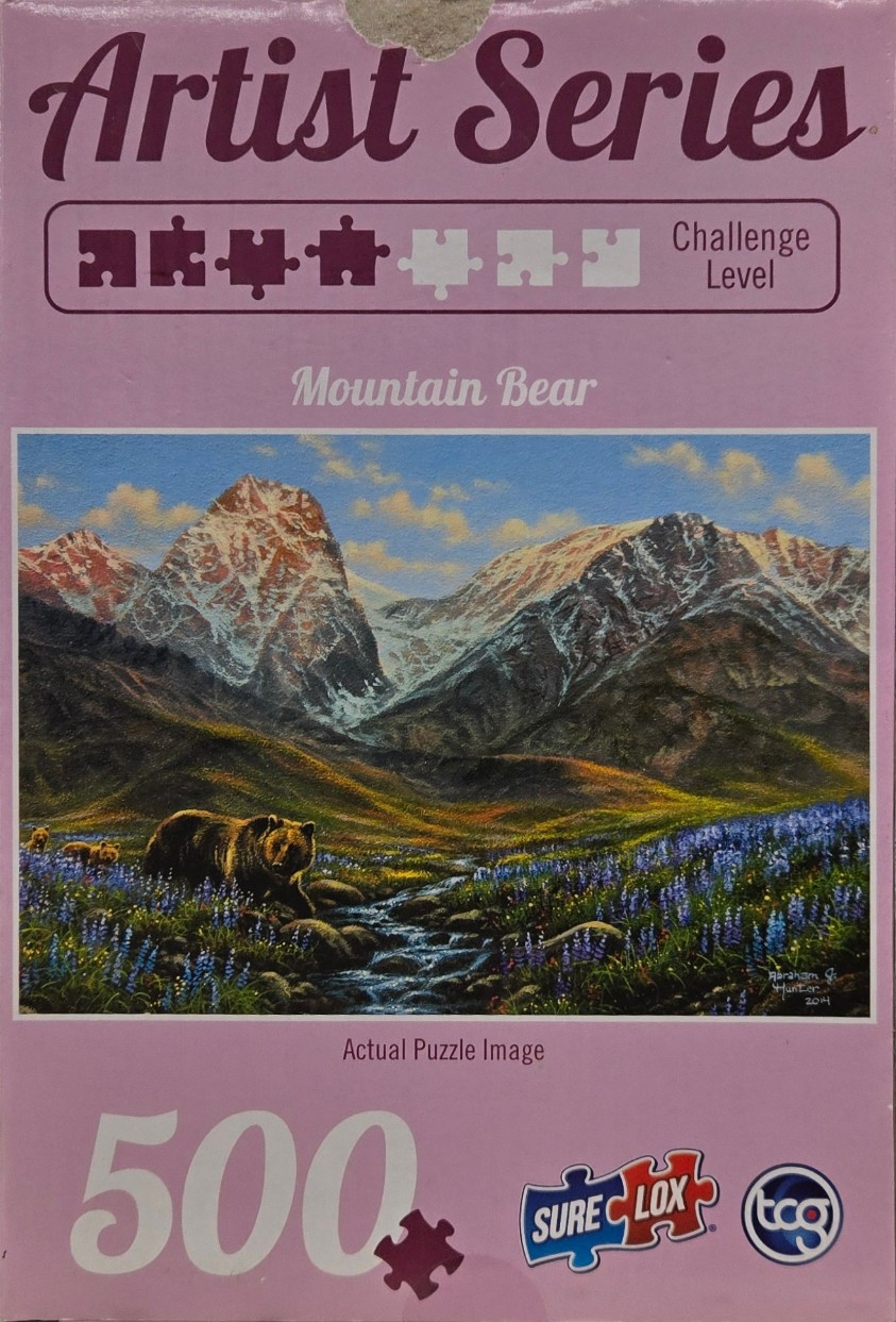 An oil painting of a grizzly bear and cubs in a meadow with purple wildflowers and snowy mountain peaks in the background.