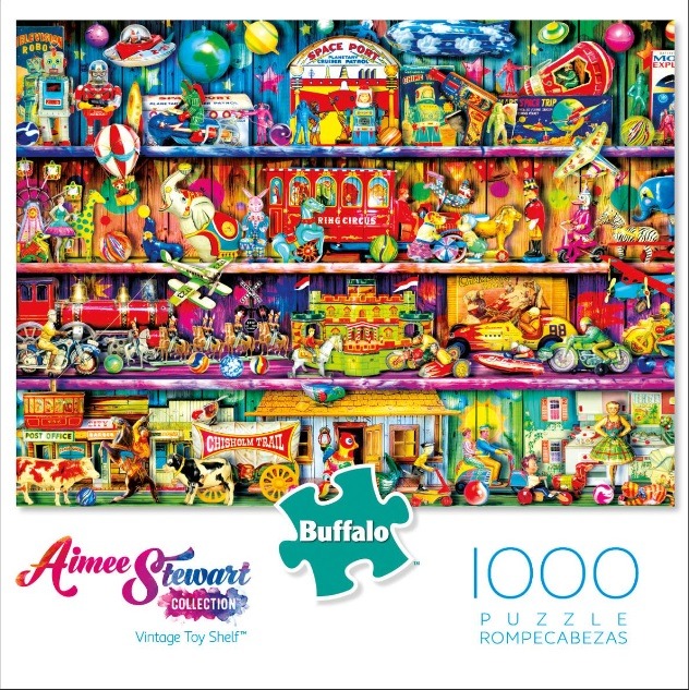 A collection of vintage toys arranged on shelves, featuring robots, circus animals, trains, and miniature buildings.