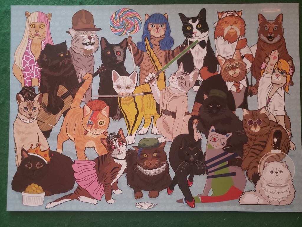 An illustration of numerous cats dressed as various famous pop culture icons and historical figures.