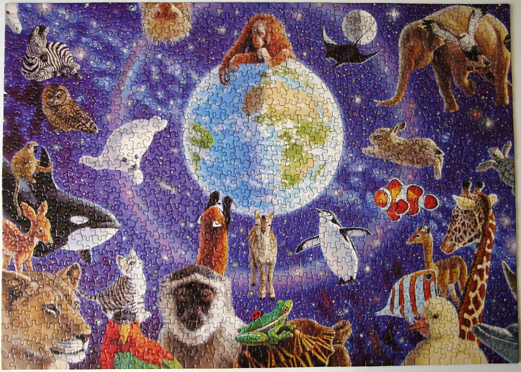 A whimsical illustration of Earth surrounded by a diverse array of animals against a deep purple starry space background.