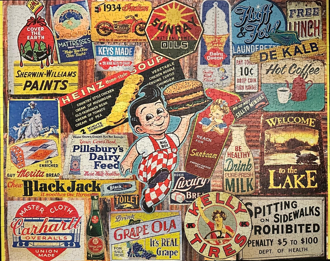 Collage of vintage Americana and retro product advertisements on a wooden background.