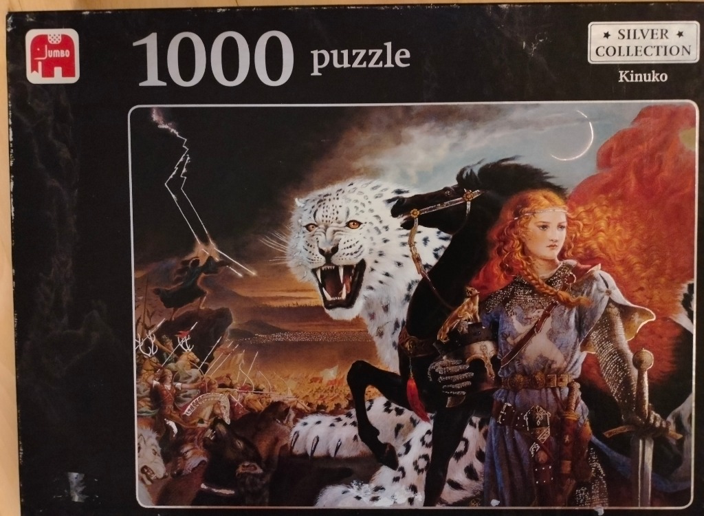 A fantasy illustration of a red-haired warrior woman with a snow leopard and a black horse during a battle.