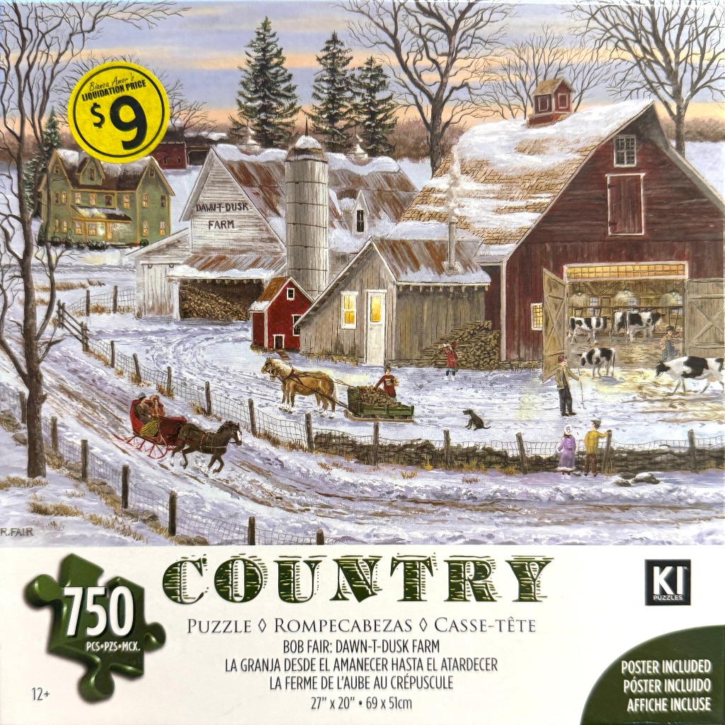 Winter farm scene with a red barn, horse-drawn sleigh, and cattle in the snow by R. Fair.