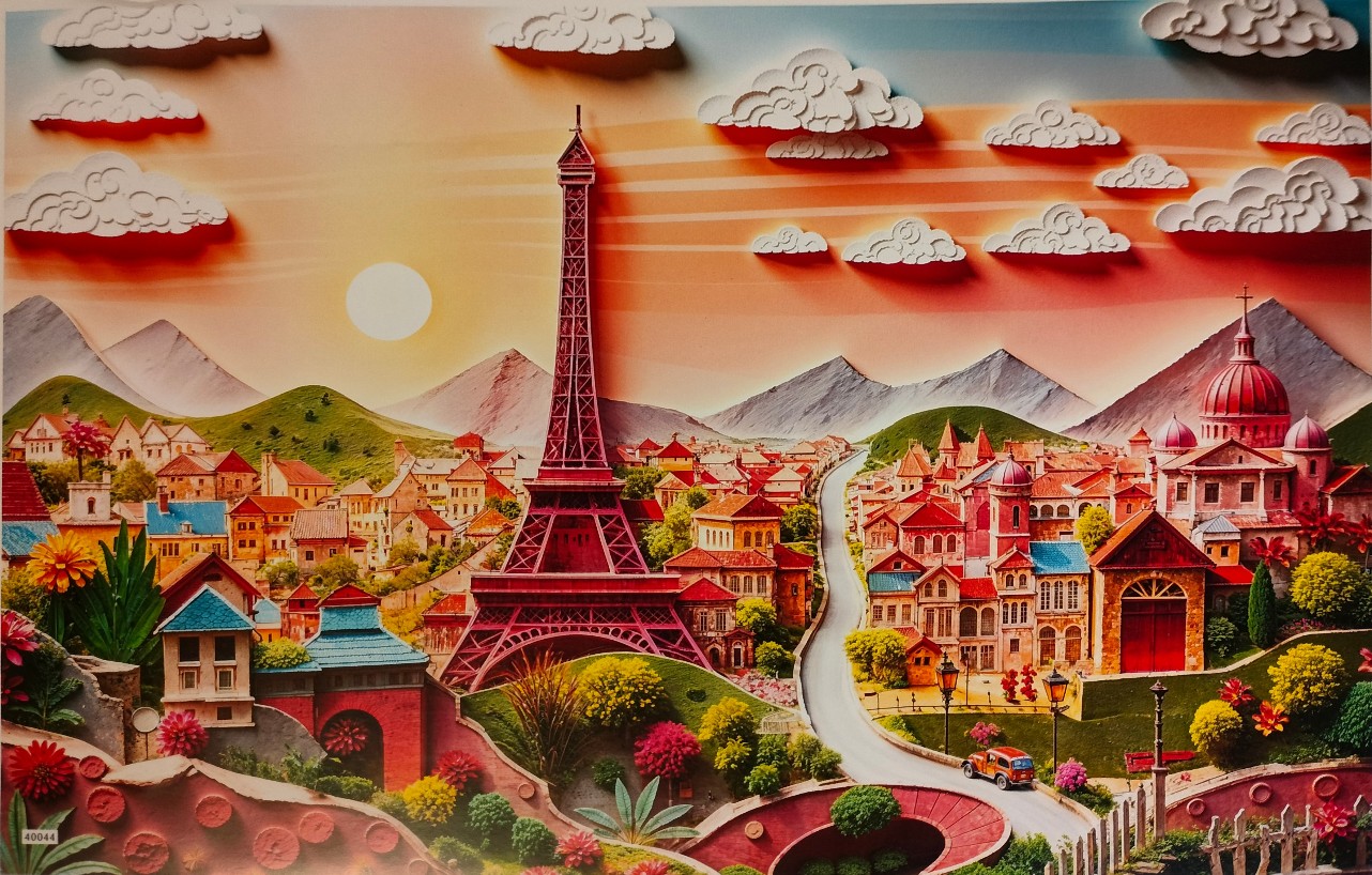 A layered paper-craft style illustration of the Eiffel Tower in a European village at sunset.