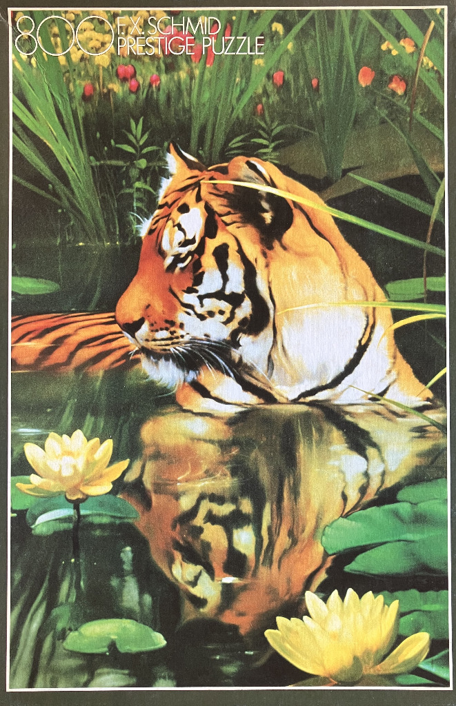 A tiger resting in a pond surrounded by yellow water lilies and tall grasses.