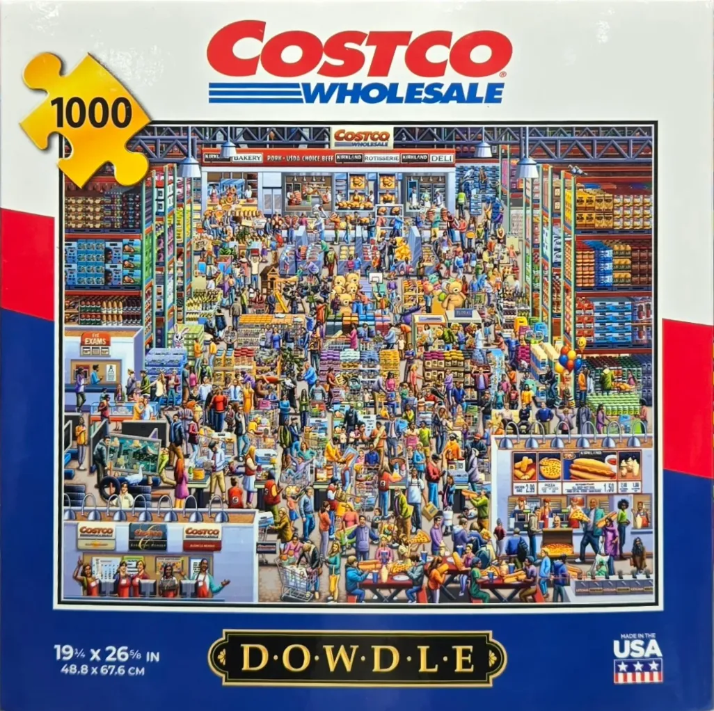 A bustling, busy illustration of a large warehouse-style store filled with shoppers and merchandise.