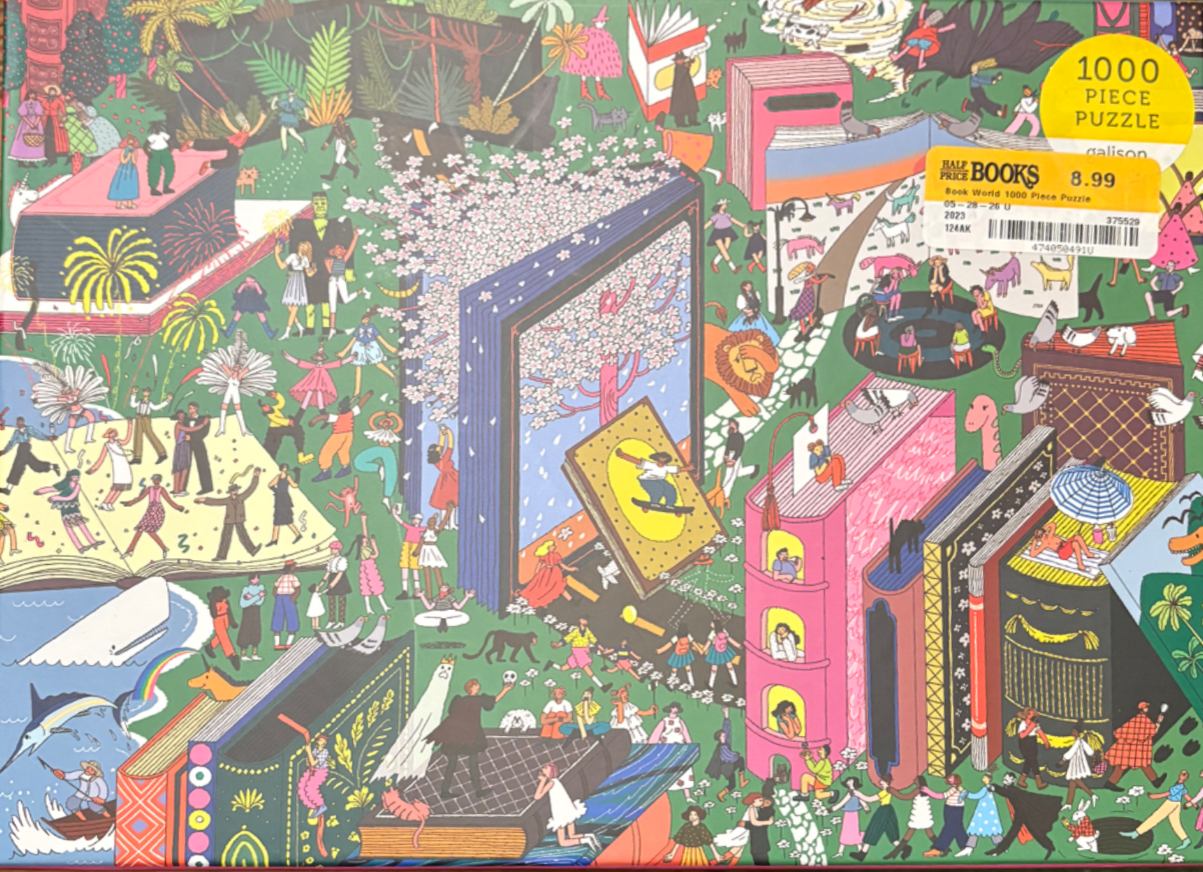 A whimsical illustration of a dense, magical forest populated by giant books and diverse characters having a party.