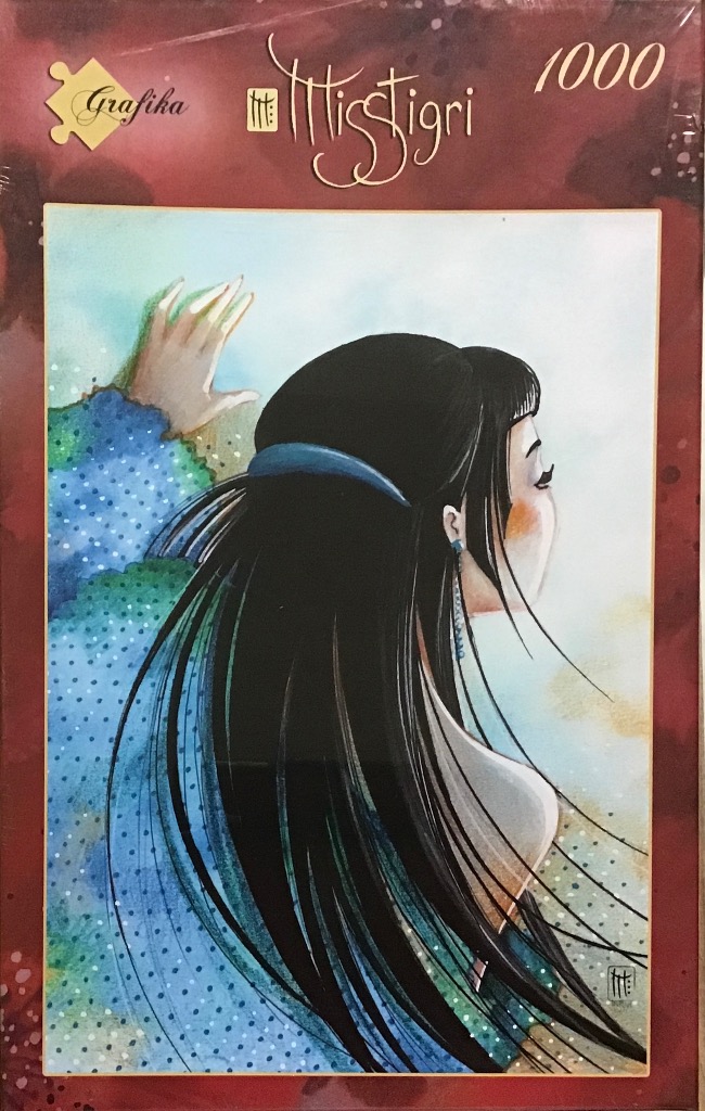 Illustration of a young woman with long black hair looking towards the right in profile view