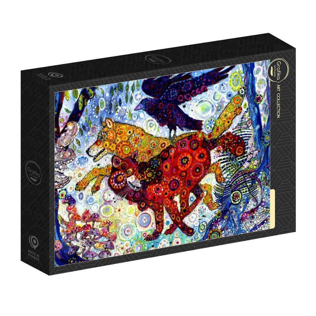 Vibrant, whimsical illustration of a running wolf and fox with a raven overhead, in a highly patterned, colourful style.