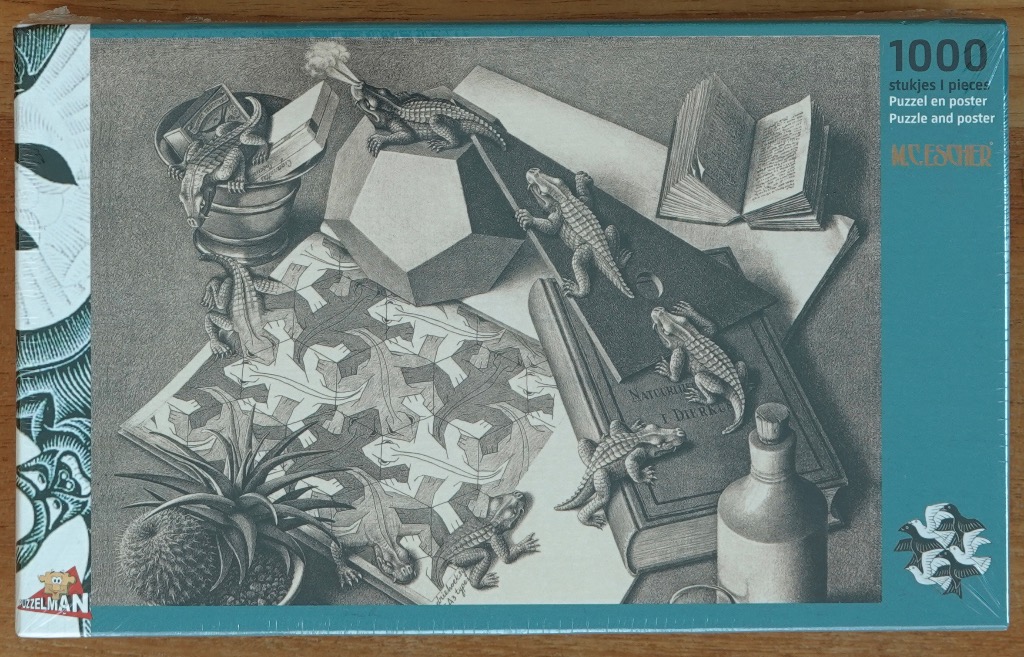 A surreal M.C. Escher lithograph featuring small lizards crawling across a tabletop of books, objects, and a patterned tile.
