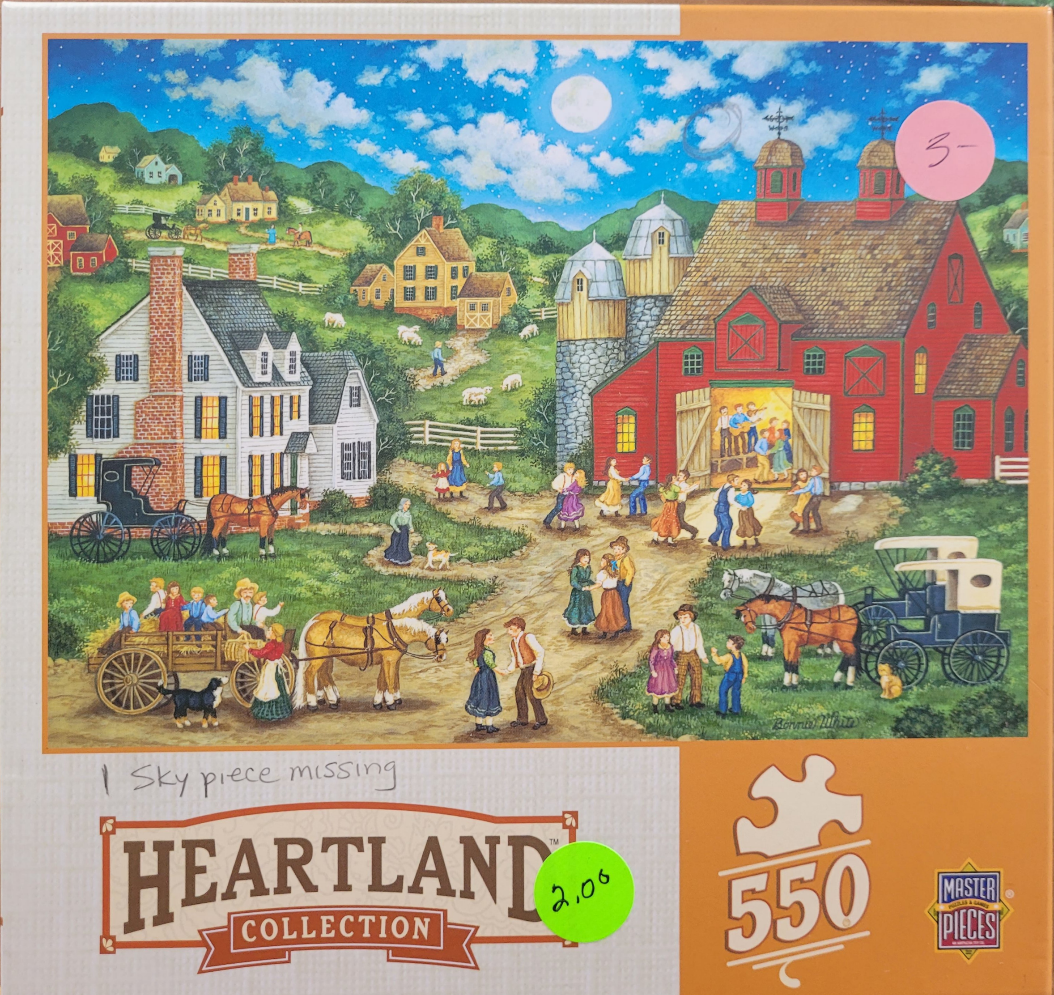 Folk art illustration of a nighttime barn dance in a rural setting with horse-drawn carriages.