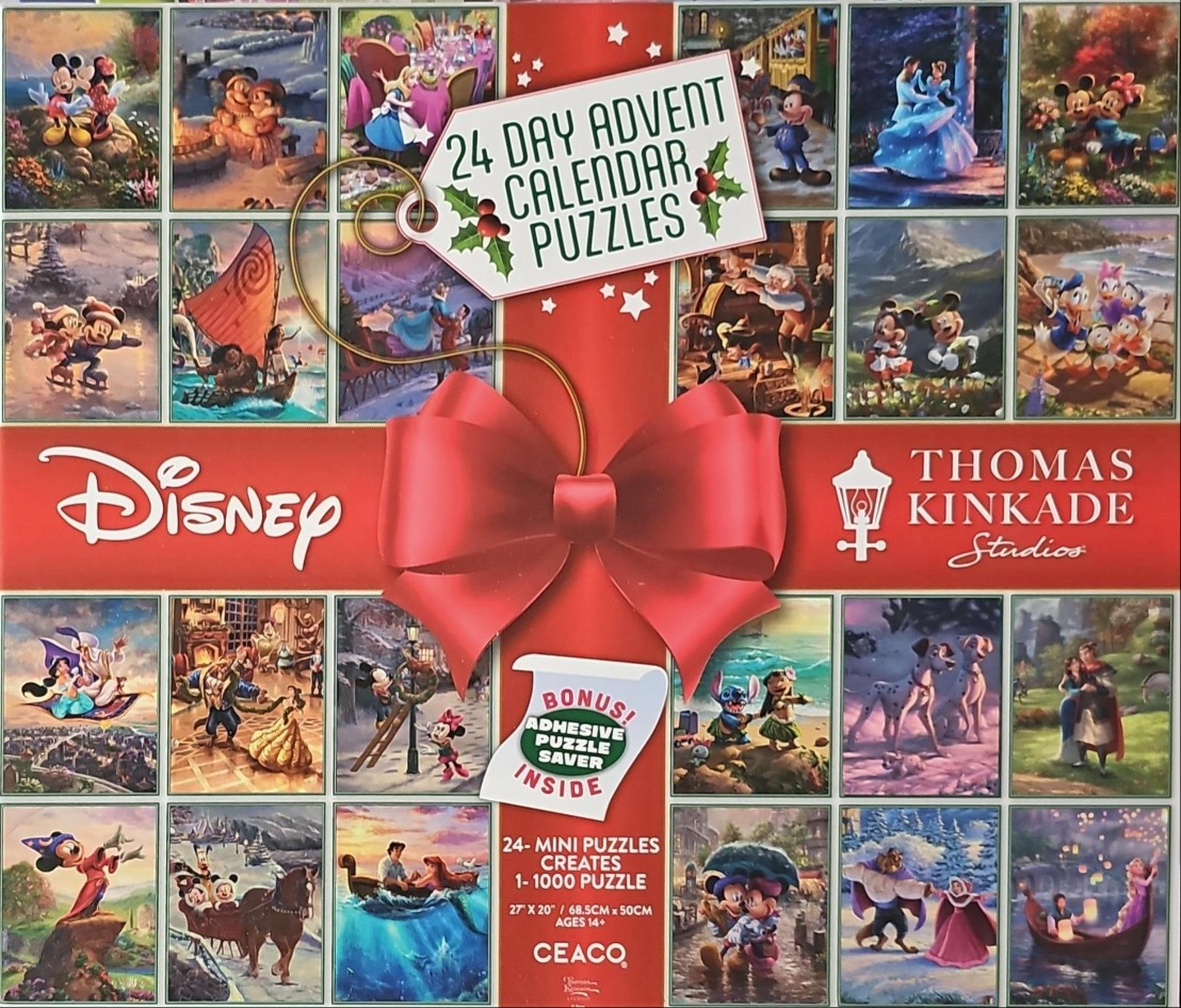 A grid of 24 classic Disney scene illustrations decorated with a large red ribbon.