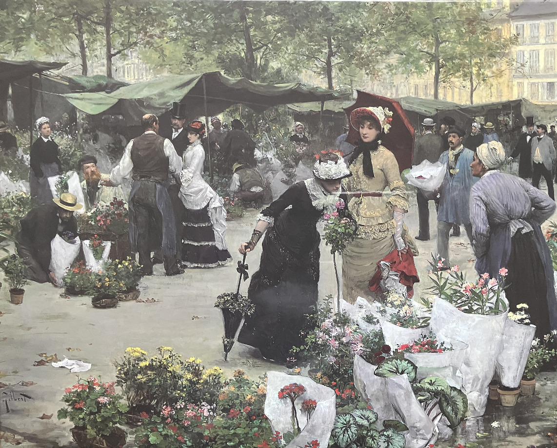 A bustling 19th-century Parisian flower market scene with well-dressed patrons and vendors.
