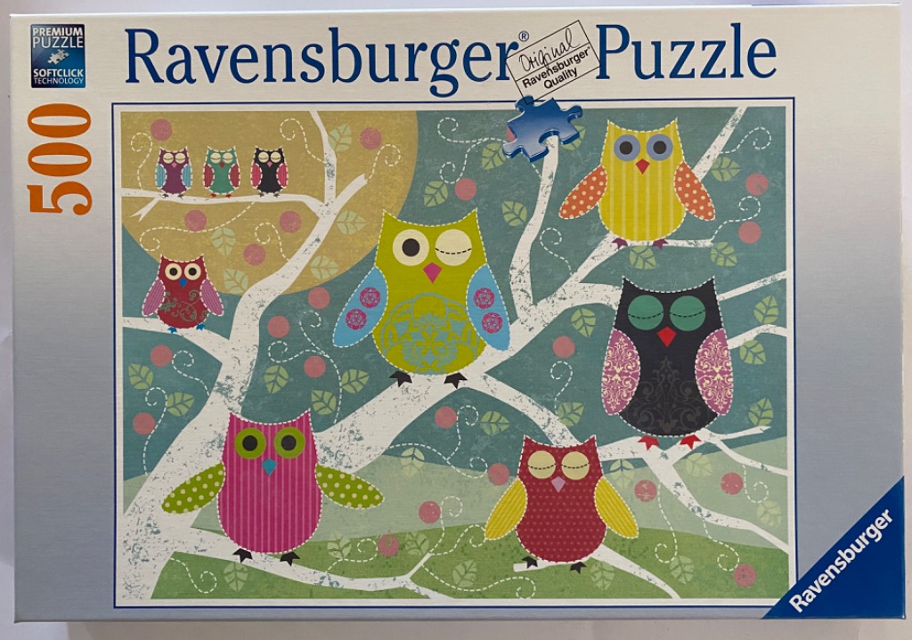 A whimsical illustration of several colorful, patterned owls perched on white branches against a textured background.