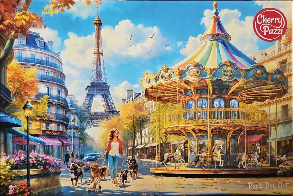 A woman walking several dogs in front of a carousel with the Eiffel Tower in the background in Paris.