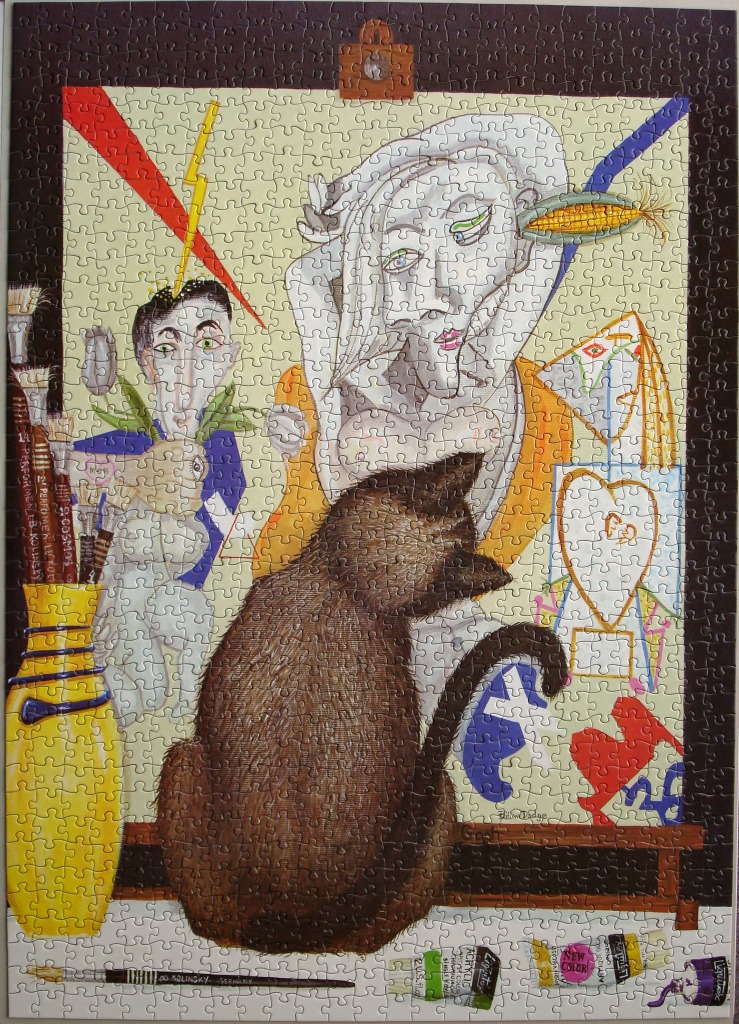 Surrealist painting featuring a woman, a man with a lightning bolt, and a dark cat in an artist