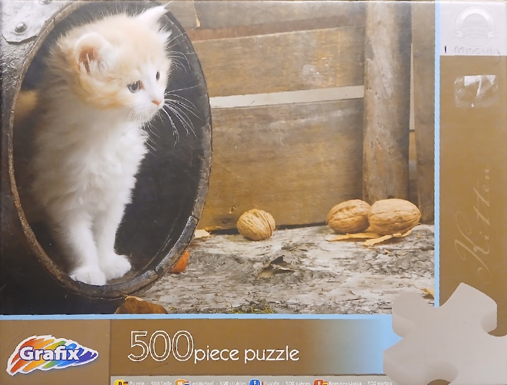 A fluffy ginger and white kitten peeking out from inside a dark wooden barrel.