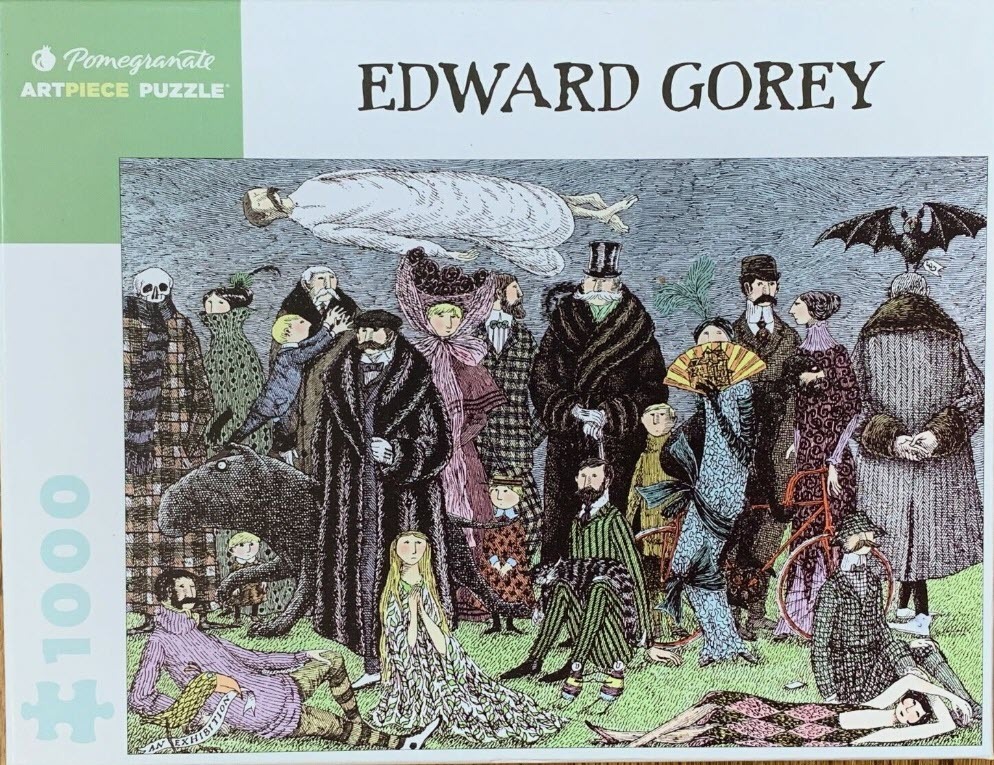 An ink drawing by Edward Gorey featuring an eccentric group of Victorian-style characters in a park setting.