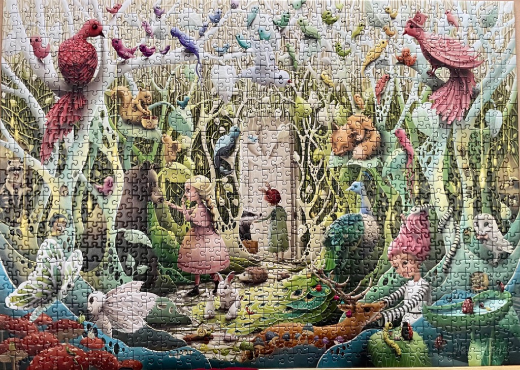 Whimsical fantasy illustration of a girl in a forest filled with colorful birds and woodland animals.