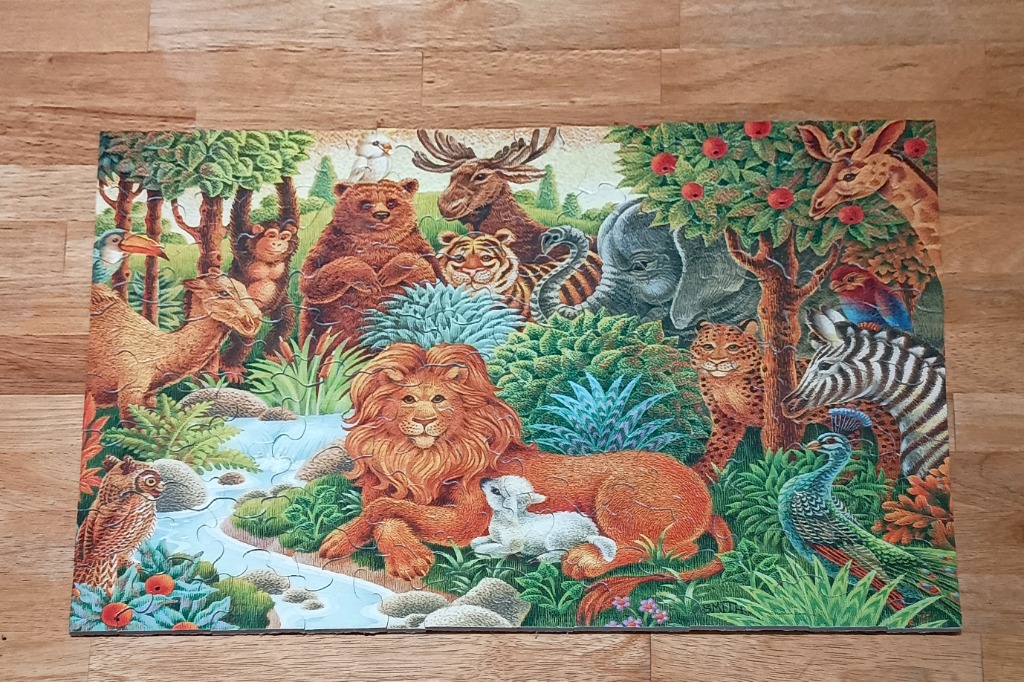 A whimsical illustration of many diverse wild animals gathered in a lush, green forest setting.