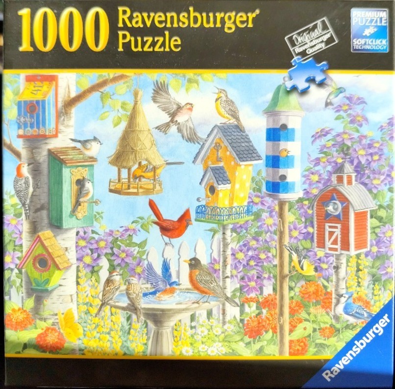 Colorful illustration of various birdhouses and birds in a lush garden setting.