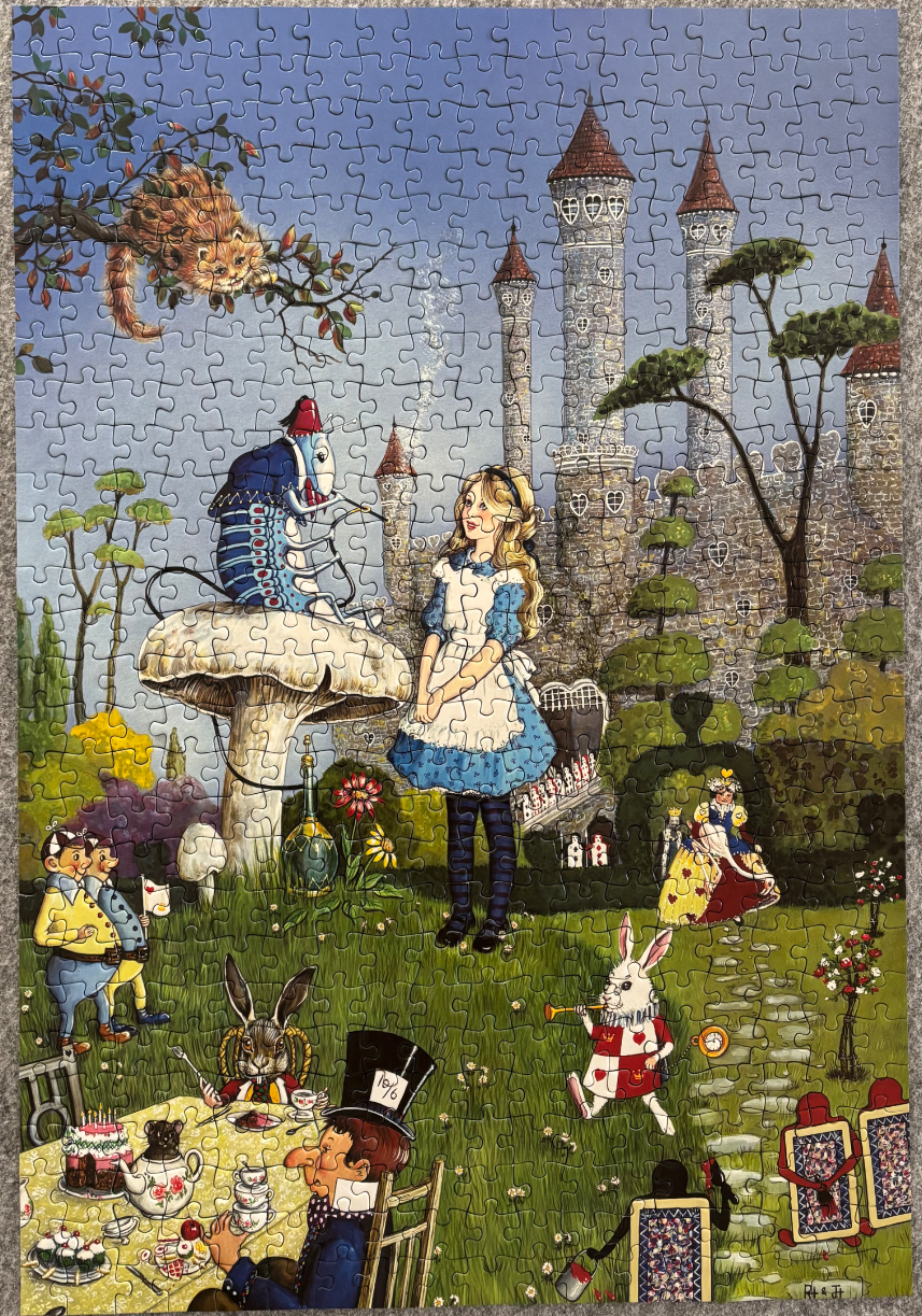An illustration of Alice in Wonderland meeting the Caterpillar in a whimsical garden with a castle background.