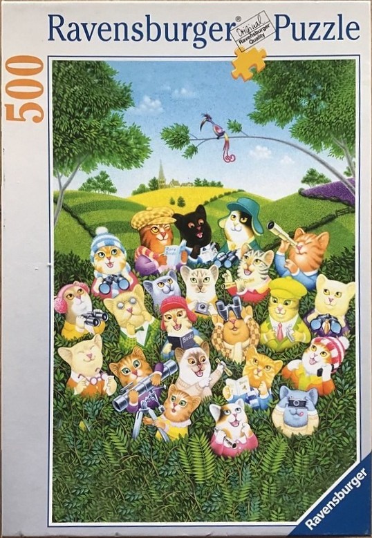A cartoon illustration of a large group of cats in a field, many equipped with binoculars and cameras for birdwatching.