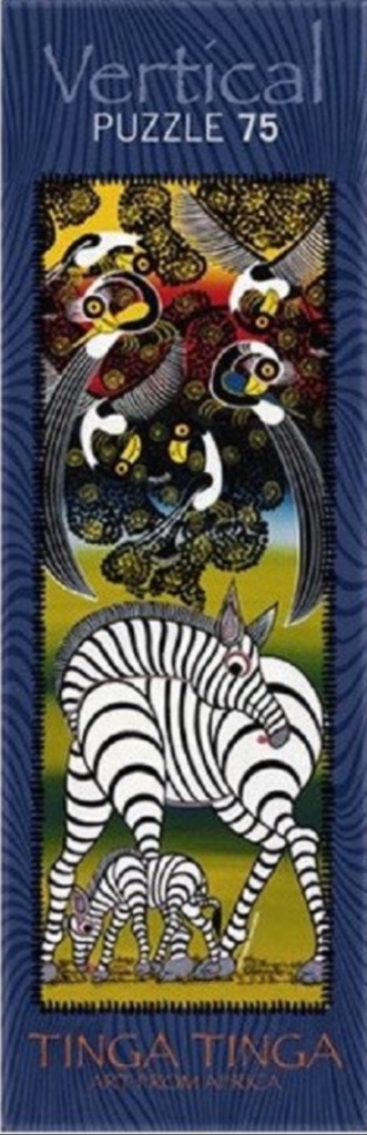 Tinga Tinga folk art style painting featuring a mother zebra and foal standing beneath a large tree with colorful birds.