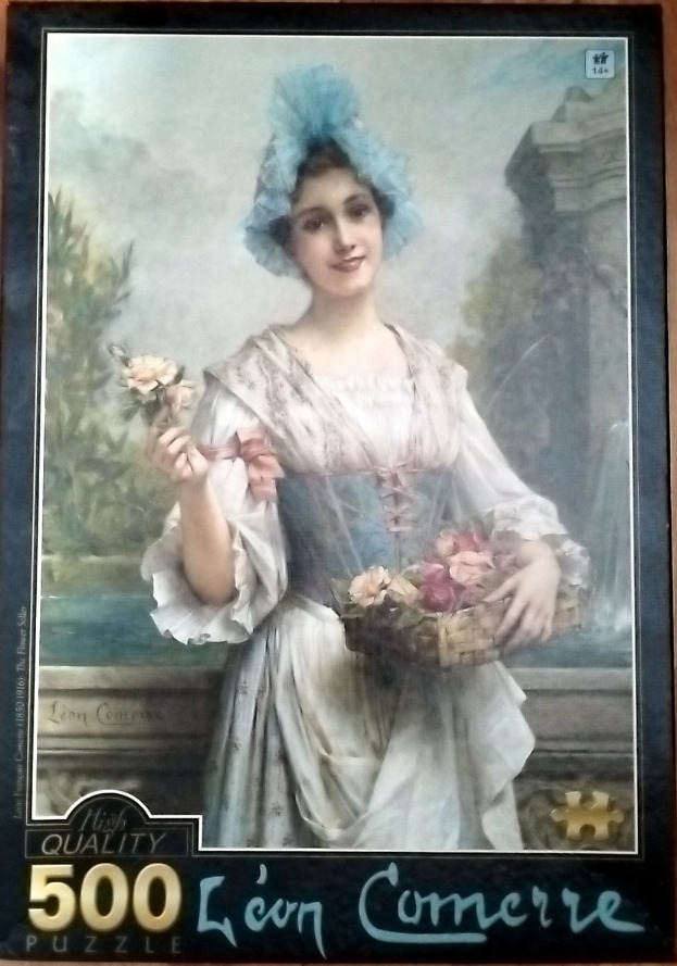 An oil painting of a young woman wearing a blue ruffled cap and a period dress, holding a basket of roses.