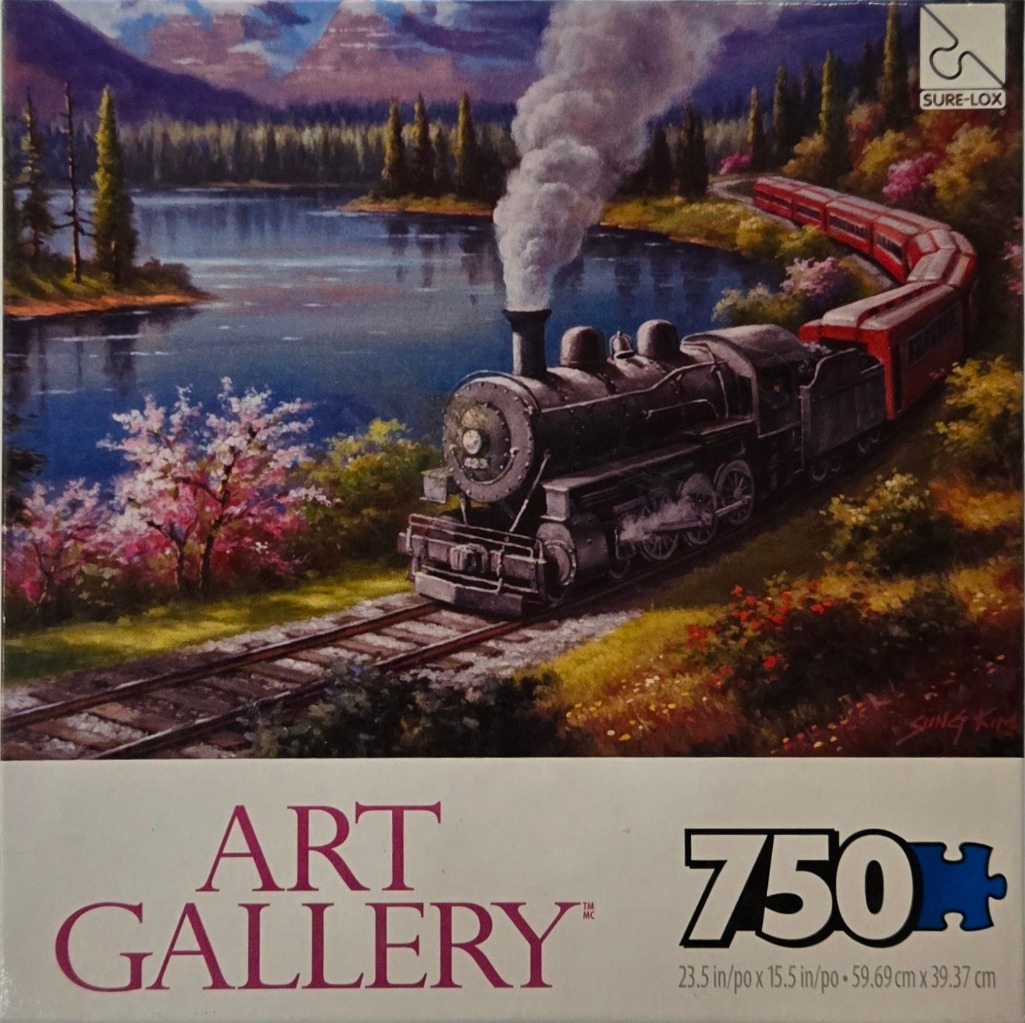 A steam train pulling red passenger cars along a lakeside track surrounded by blossoming trees and mountain scenery.