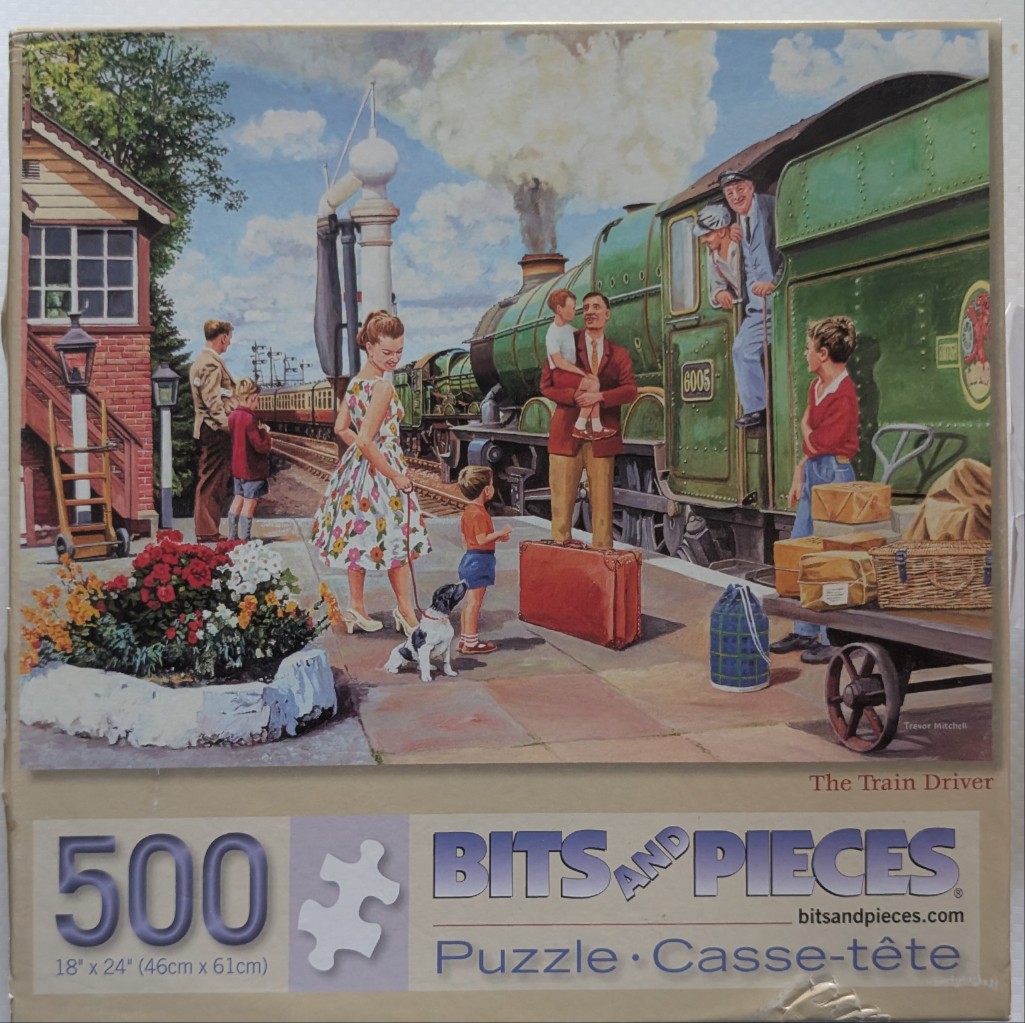 A nostalgic painting of families at a train station platform next to a large green steam engine.