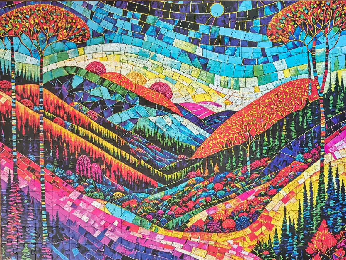 A vibrant, mosaic-style landscape painting of rolling hills, pine trees, and a patterned sky.